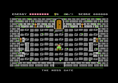 The first room, the Moss Gate, a grey stone hall with torches and a wooden door, the explorer in the middle and the energy bar, keys and score on top.