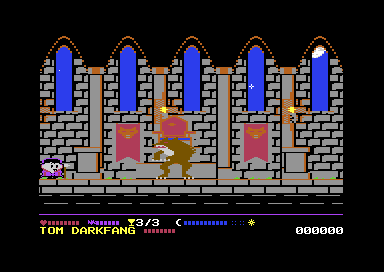 The throne room, a grey castle hall with tall blue windows and red banners, where the werewolf boss faces Oscar.